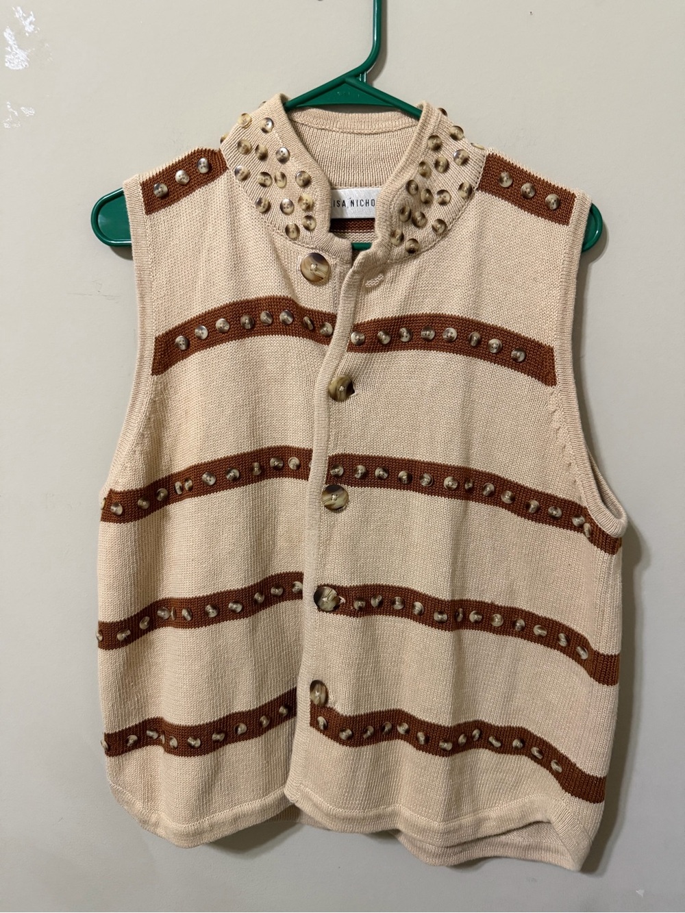Lisa Nichols button Studded Cream Knit Vest with Brown Stripes xl